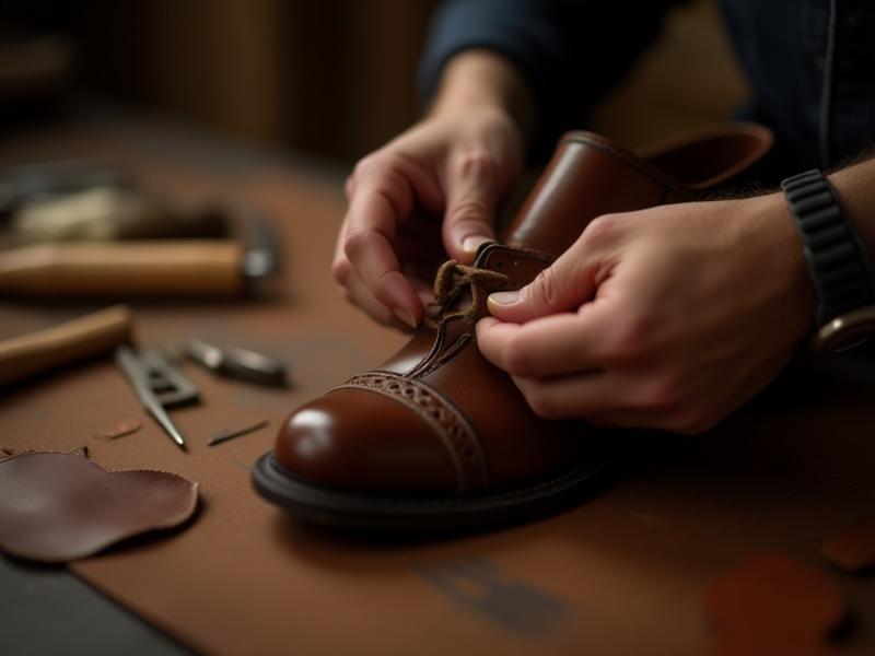 최고급 가죽을 다루는 장인의 손 클로즈업